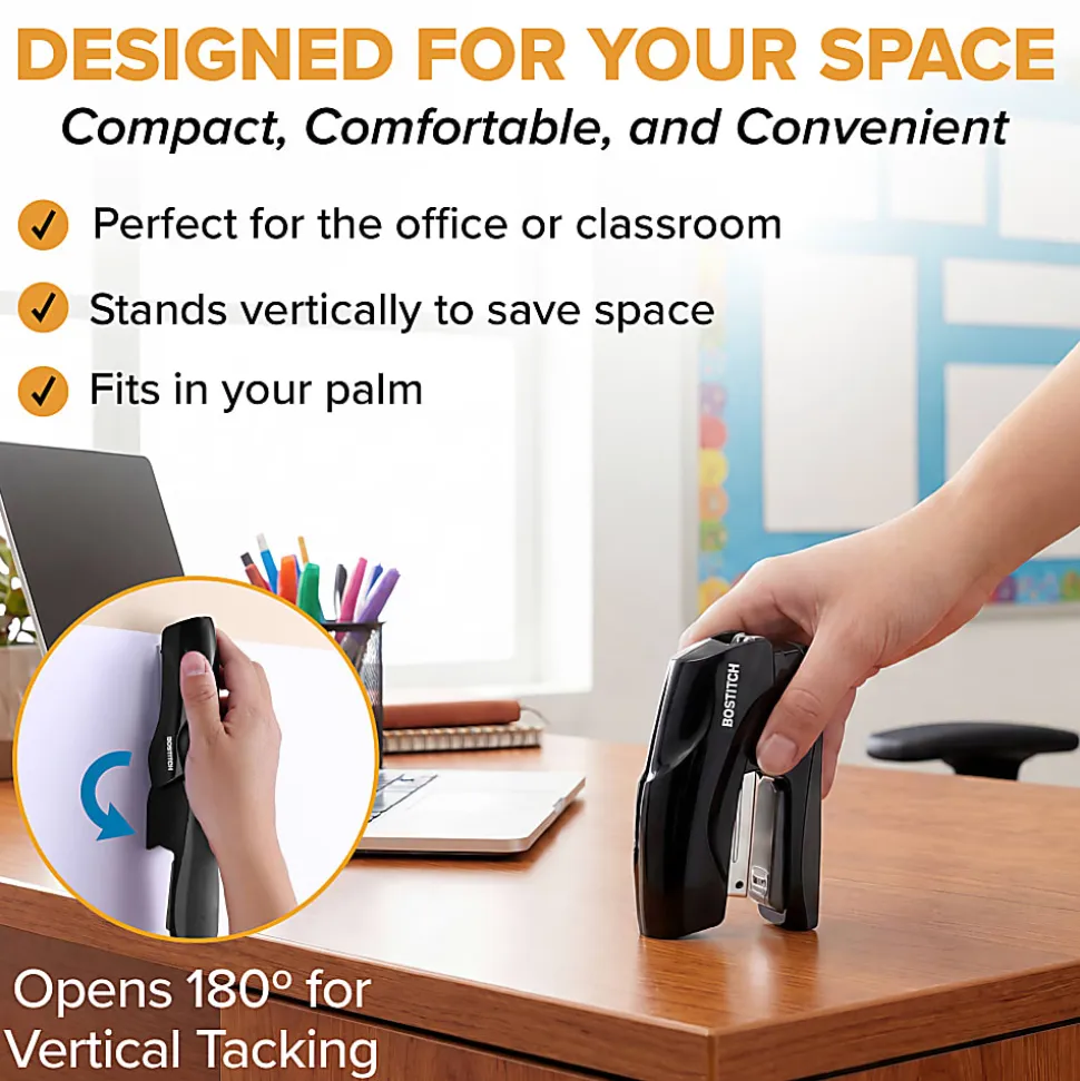 Bostitch® Office Flat Clinch Stapler, 2-5/8"H x 1-3/8"W x 4-3/8"D, Black