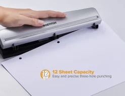 Bostitch Premium 3-Hole Punch, 12-Sheet Capacity, All-Metal, Rubber Base, Easy-Clean Tray, Silver/Black