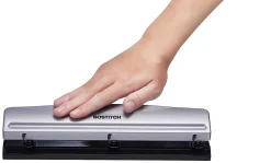 Bostitch Premium 3-Hole Punch, 12-Sheet Capacity, All-Metal, Rubber Base, Easy-Clean Tray, Silver/Black