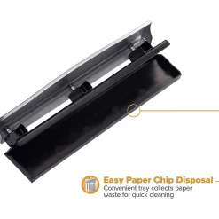 Bostitch Premium 3-Hole Punch, 12-Sheet Capacity, All-Metal, Rubber Base, Easy-Clean Tray, Silver/Black