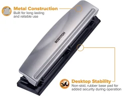 Bostitch Premium 3-Hole Punch, 12-Sheet Capacity, All-Metal, Rubber Base, Easy-Clean Tray, Silver/Black