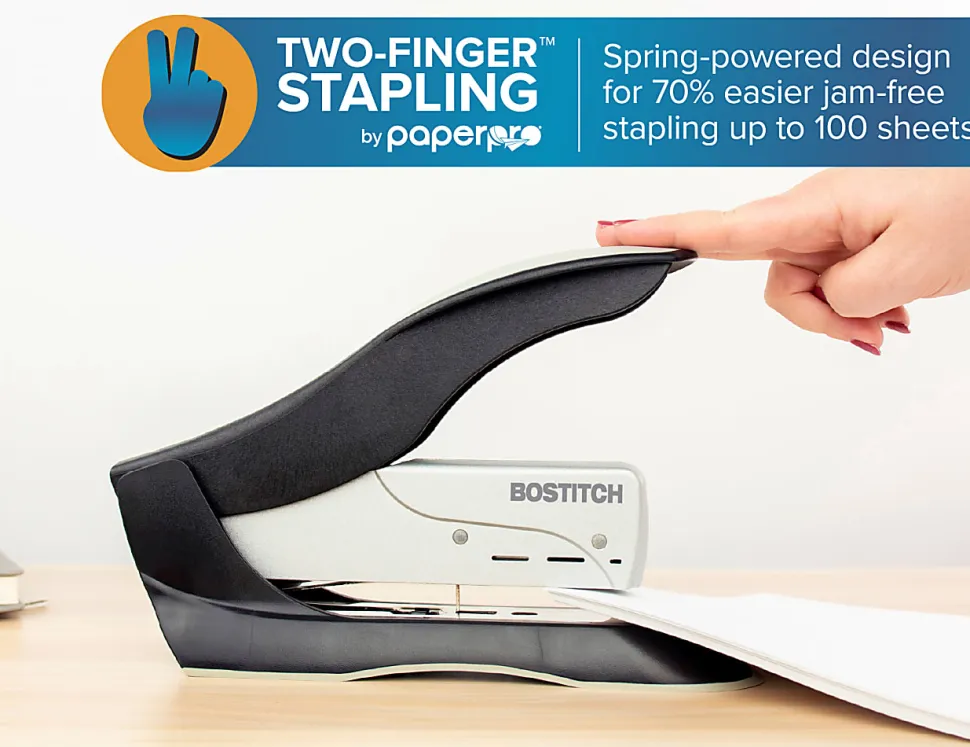 Bostitch® Spring-Powered Premium Heavy Duty Stapler, 100 Sheet Capcity, Black/Silver
