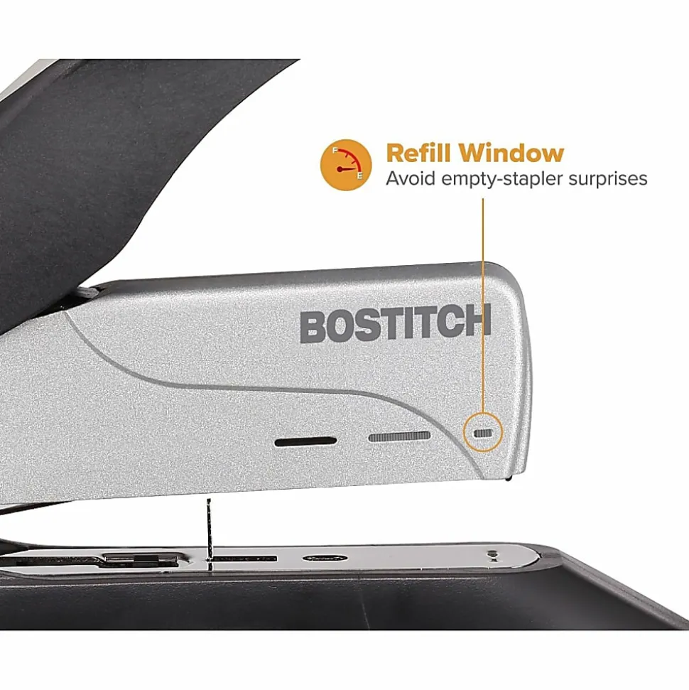 Bostitch® Spring-Powered Premium Heavy Duty Stapler, 100 Sheet Capcity, Black/Silver