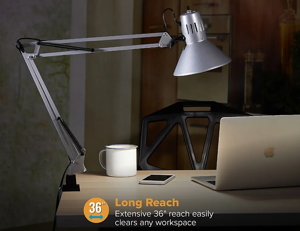 Bostitch® Swing Arm LED Desk Lamp With Clamp, 36"H, Black/Silver