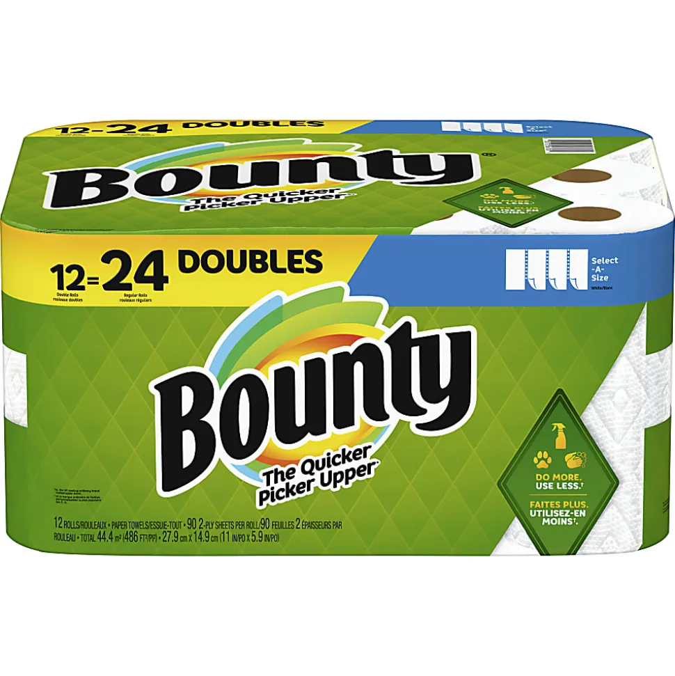 Bounty Select-A-Size 2-Ply Paper Towels, Double Rolls, 6" x 11", White, 90 Sheets Per Roll, Pack Of 12 Rolls