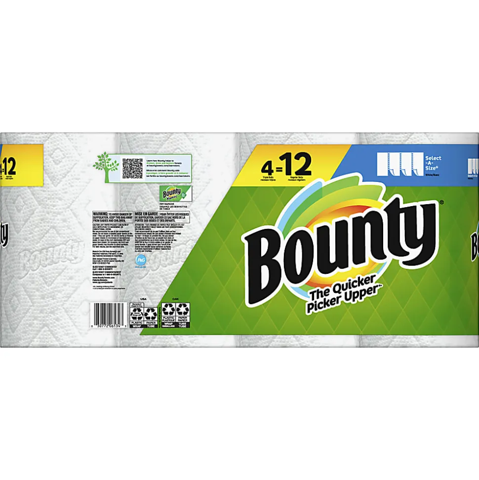 Bounty Select-A-Size 2-Ply Triple-Roll Paper Towels, 5-7/8" x 11", White, 135 Sheets Per Roll, Pack Of 4 Rolls