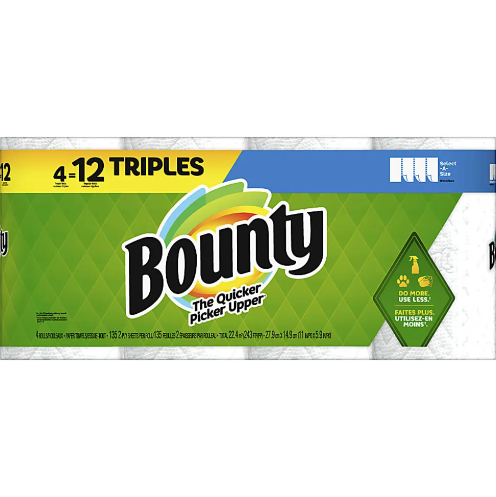 Bounty Select-A-Size 2-Ply Triple-Roll Paper Towels, 5-7/8" x 11", White, 135 Sheets Per Roll, Pack Of 4 Rolls
