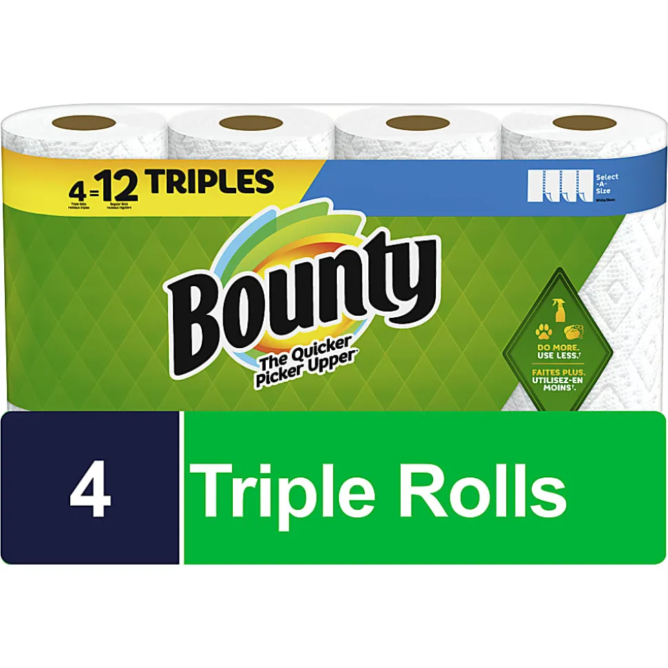 Bounty Select-A-Size 2-Ply Triple-Roll Paper Towels, 5-7/8" x 11", White, 135 Sheets Per Roll, Pack Of 4 Rolls