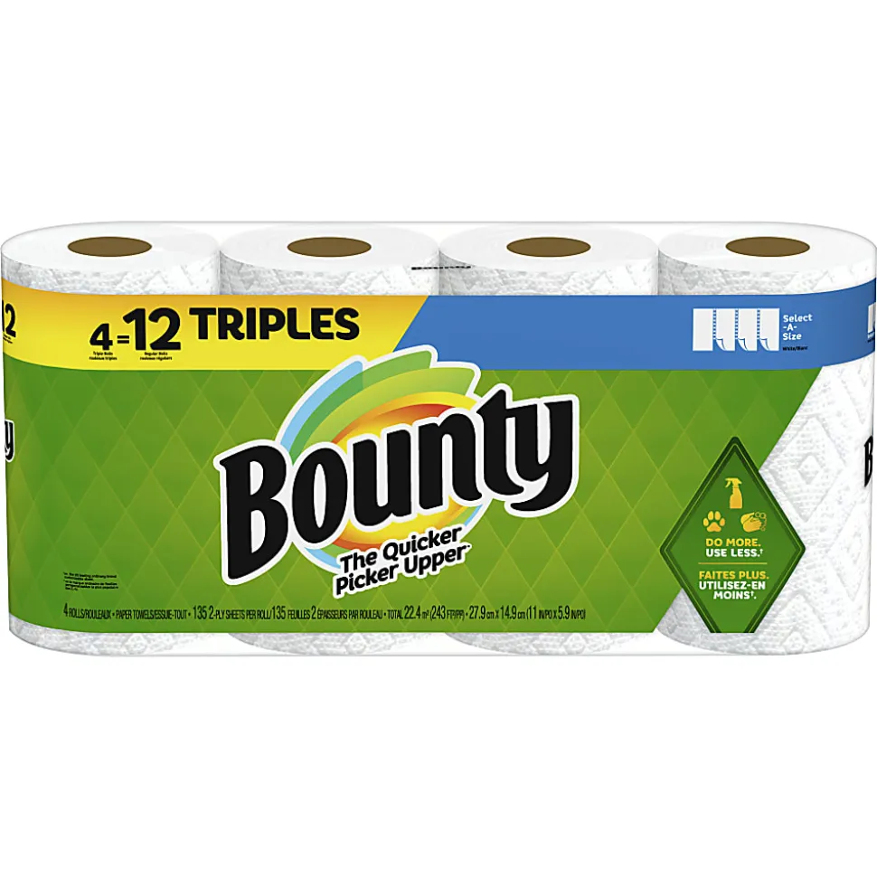 Bounty Select-A-Size 2-Ply Triple-Roll Paper Towels, 5-7/8" x 11", White, 135 Sheets Per Roll, Pack Of 4 Rolls