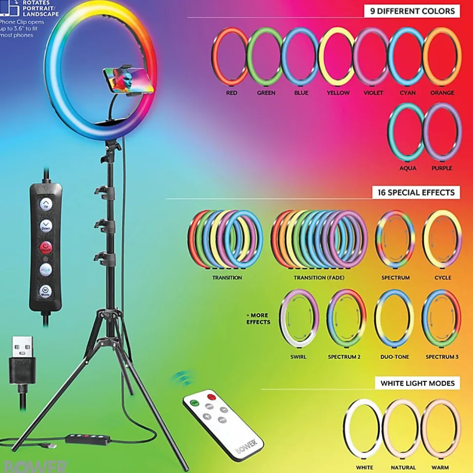 Bower RGB Selfie Ring Light Studio Kit With Wireless Remote Control & Tripod, 62”H, 10W, Black