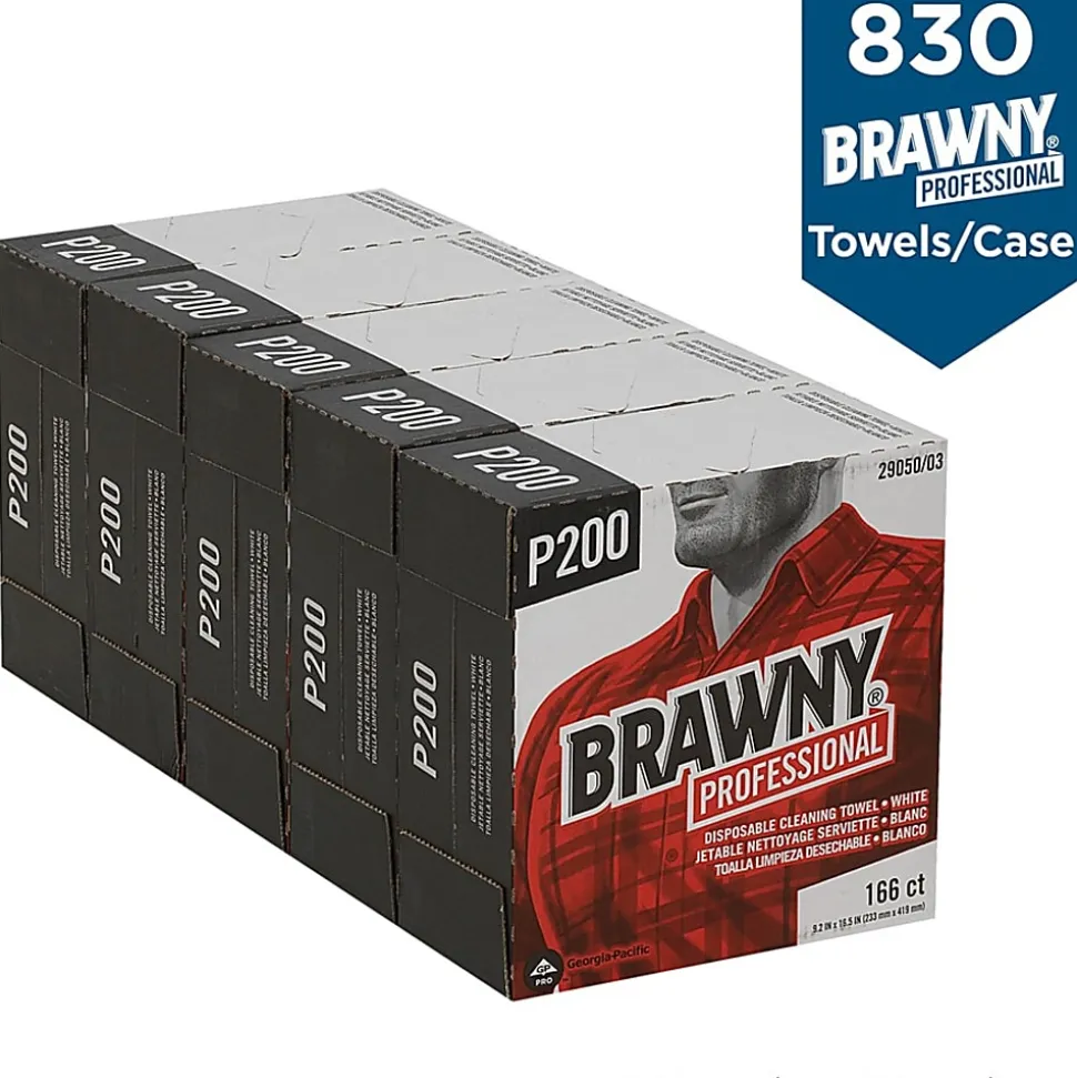 Brawny® Professional P300 Disposable Cleaning Towels, 9-1/4" x 16-1/2", 166 Wipers Per Box, Case Of 5 Boxes