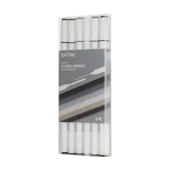 Brea Reese Dual-Tip Alcohol Markers, Pack Of 6 Markers, Brush/Chisel Tip, White Barrel, Grayscale Ink