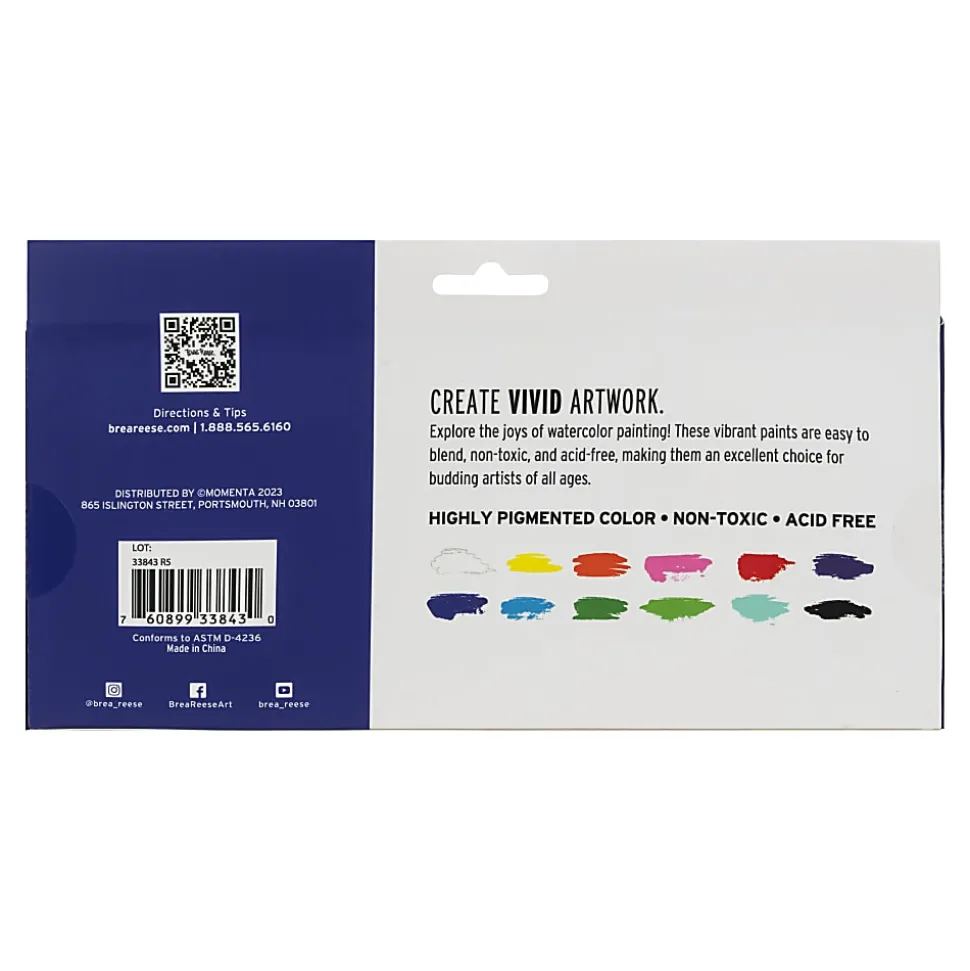 Brea Reese Professional Watercolor Paint, Bright Colors, Set Of 12 Tubes