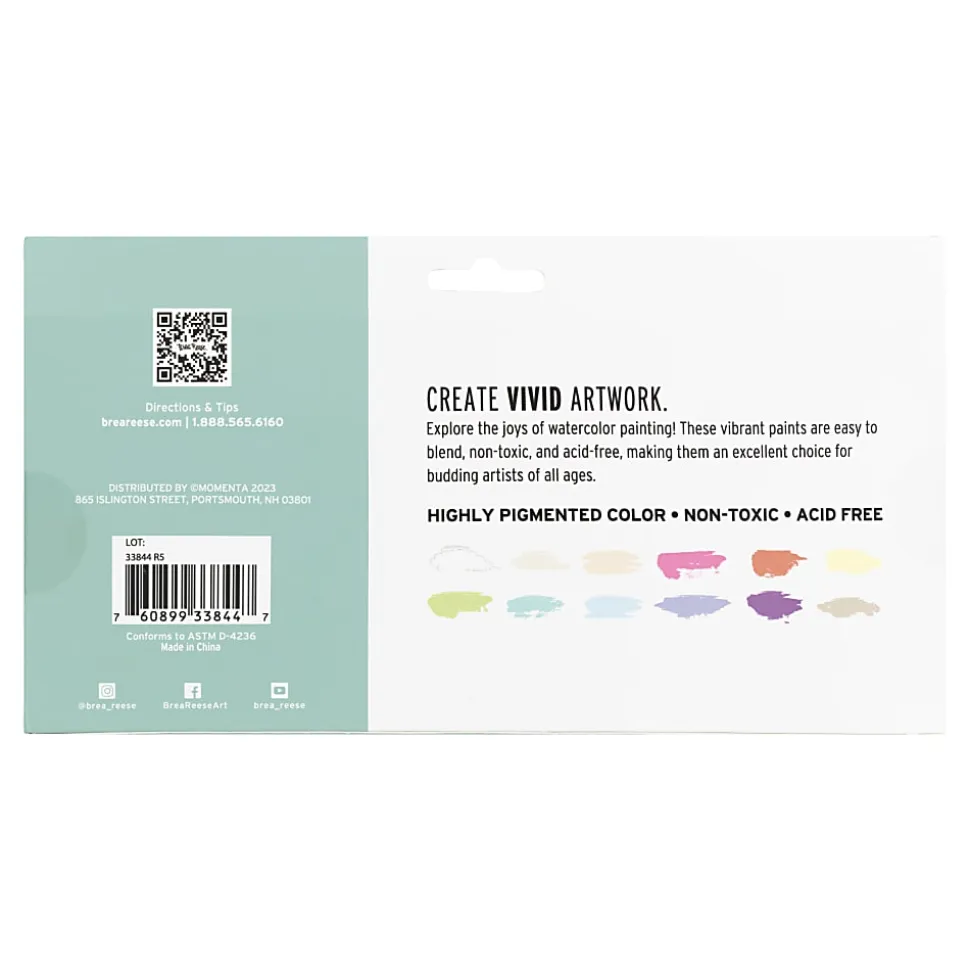Brea Reese Professional Watercolor Paint, Pastel Colors, Set Of 12 Tubes