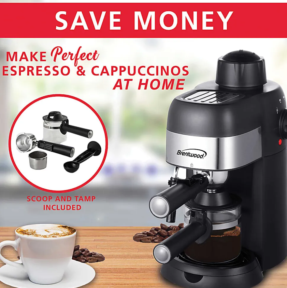 Brentwood 4-Cup Stainless-Steel Espresso And Cappuccino Maker Machine, Black