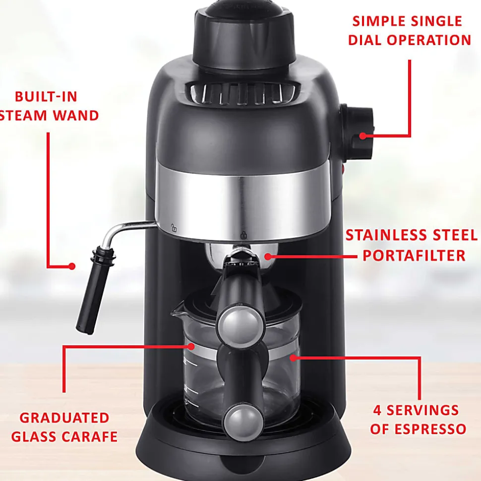 Brentwood 4-Cup Stainless-Steel Espresso And Cappuccino Maker Machine, Black