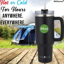 Brentwood Geojug Insulated Stainless-Steel Tumbler Cup With Handle Lid And Straw, 40 Oz, Black