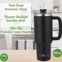 Brentwood Geojug Insulated Stainless-Steel Tumbler Cup With Handle Lid And Straw, 40 Oz, Black