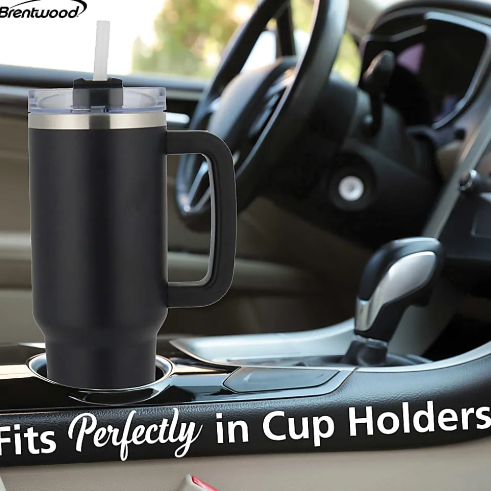 Brentwood Geojug Insulated Stainless-Steel Tumbler Cup With Handle Lid And Straw, 40 Oz, Black
