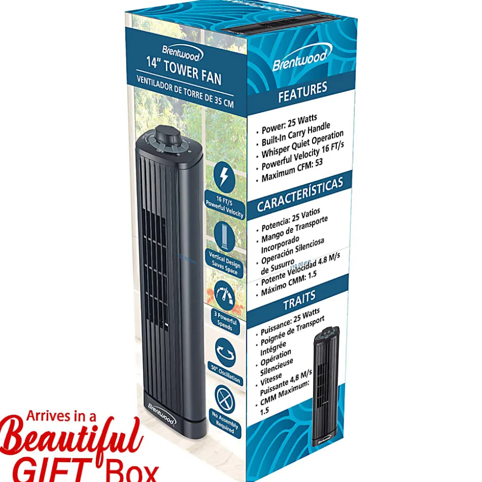 Brentwood® 14-in. 3-Speed Portable Oscillating Tower Fan, Black, F-14TBK