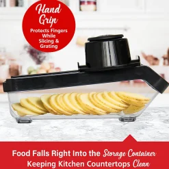 Brentwood® Mandoline Slicer & Cheese Grater with 3.6-Cup Storage Container & 6 Interchangeable Stainless Steel Blades, Black, KA-5046BK