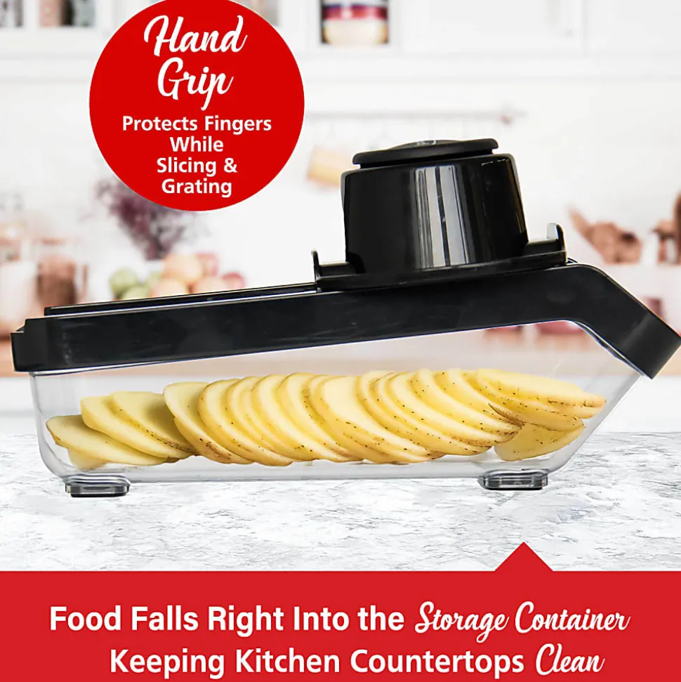 Brentwood® Mandoline Slicer & Cheese Grater with 3.6-Cup Storage Container & 6 Interchangeable Stainless Steel Blades, Black, KA-5046BK