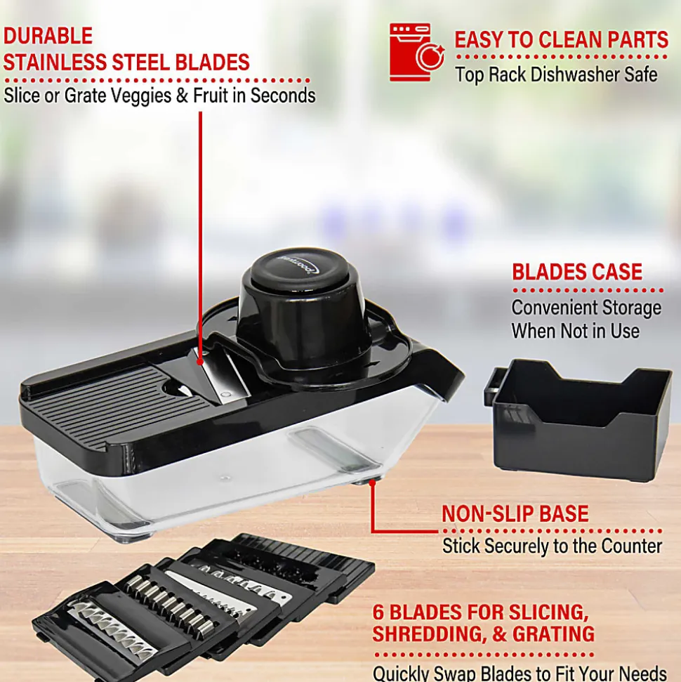 Brentwood® Mandoline Slicer & Cheese Grater with 3.6-Cup Storage Container & 6 Interchangeable Stainless Steel Blades, Black, KA-5046BK