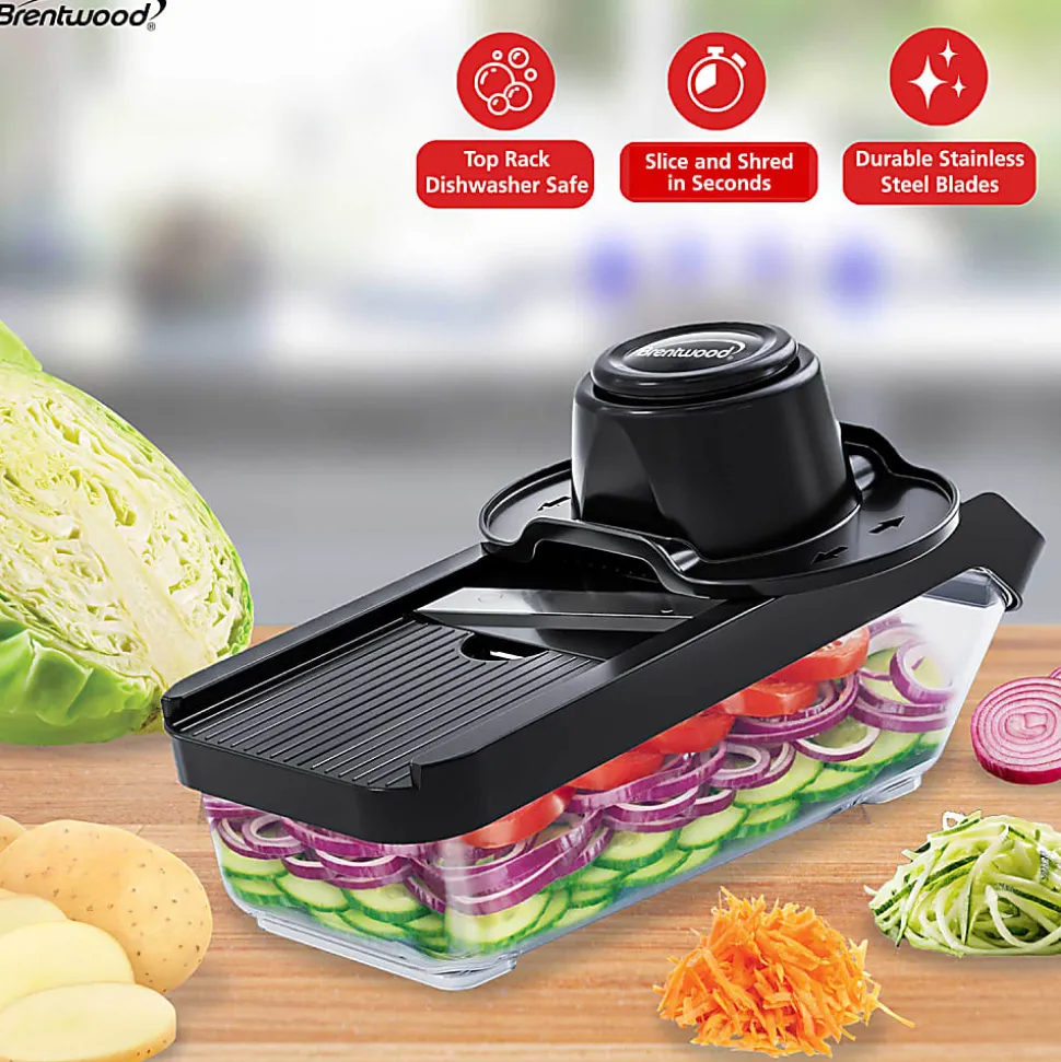 Brentwood® Mandoline Slicer & Cheese Grater with 3.6-Cup Storage Container & 6 Interchangeable Stainless Steel Blades, Black, KA-5046BK
