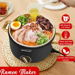 Brentwood® 2.6-Qt. 700-Watt Multifunction Electric Hot Pot Cooker with Ceramic Nonstick Coating & Food Steamer, Black, HP-3250BK