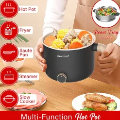 Brentwood® 1.6-Qt. 600-Watt Multifunction Electric Hot Pot Cooker, Ceramic Nonstick Coating, Stainless Steel, Angled Handle, Black, HPS-3172BK