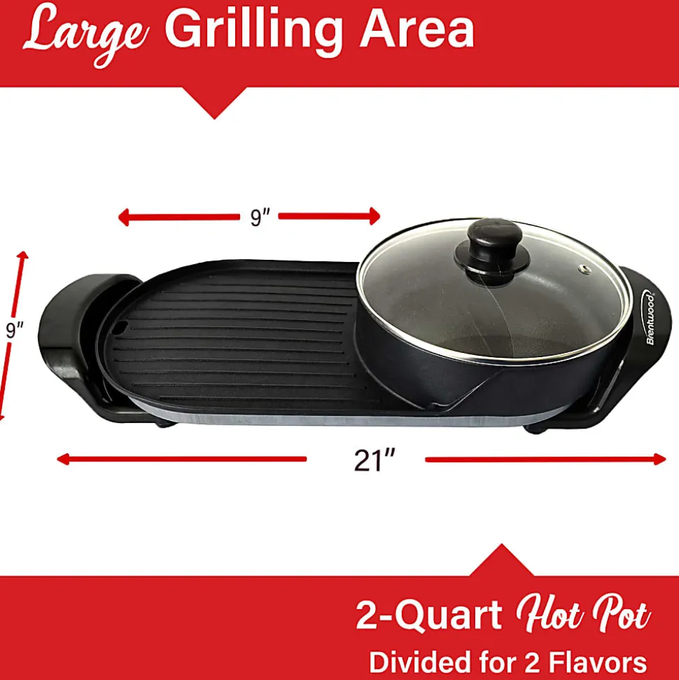 Brentwood® 2-Qt. 1,200-Watt 2-Sided Electric Hot Pot & 18-In. x 9-In. Korean BBQ Grill with Ceramic Nonstick Coating, Black, SK-71BK