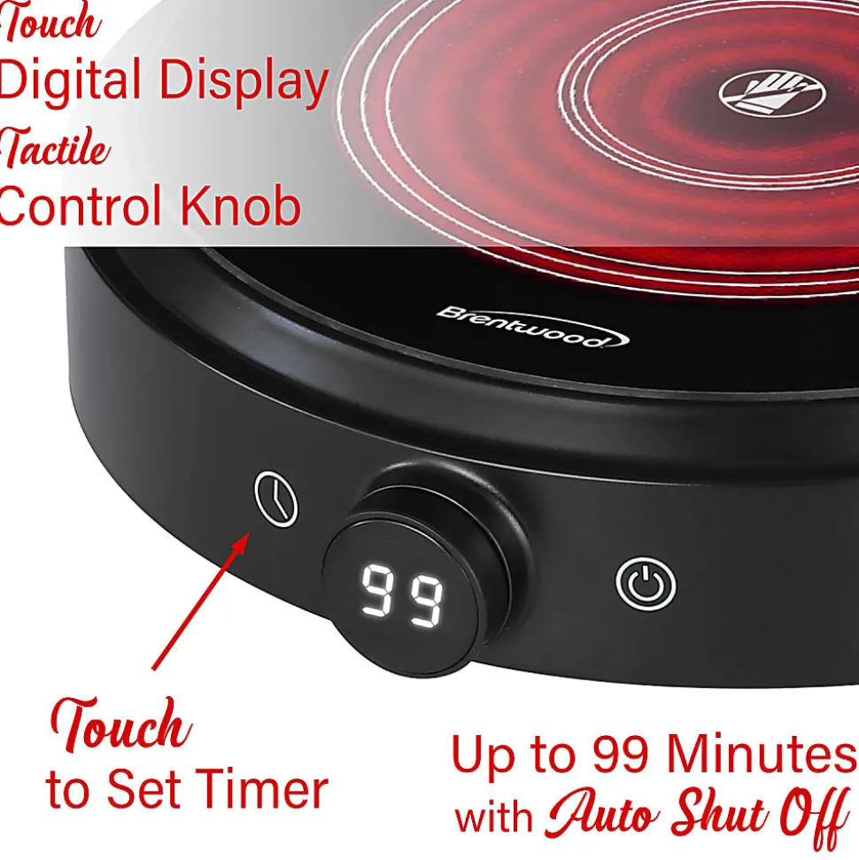 Brentwood® Select 1,300-Watt 10-In. Countertop Ceramic Glass Cooktop Surface with Single 8-In. Infrared Burner, Black, TS-383DBK