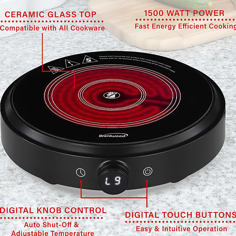 Brentwood® Select 1,300-Watt 10-In. Countertop Ceramic Glass Cooktop Surface with Single 8-In. Infrared Burner, Black, TS-383DBK