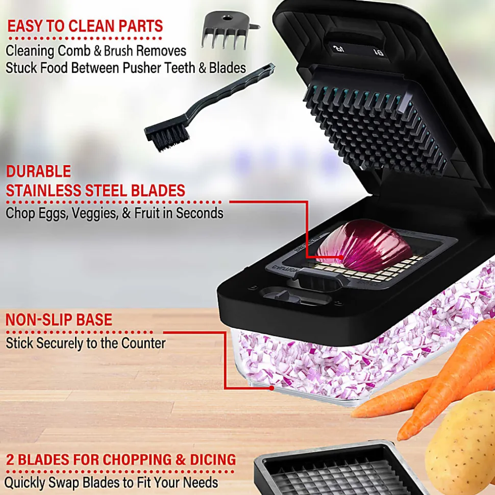Brentwood® Vegetable Chopper with 3.6-Cup Storage Container & 2 Interchangeable Stainless Steel Blades, Black, KA-5024BKS