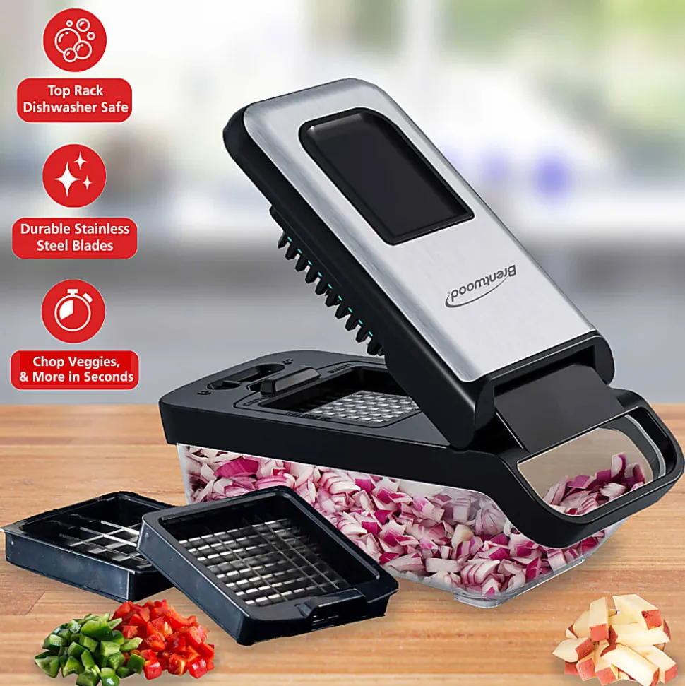 Brentwood® Vegetable Chopper with 3.6-Cup Storage Container & 2 Interchangeable Stainless Steel Blades, Black, KA-5024BKS
