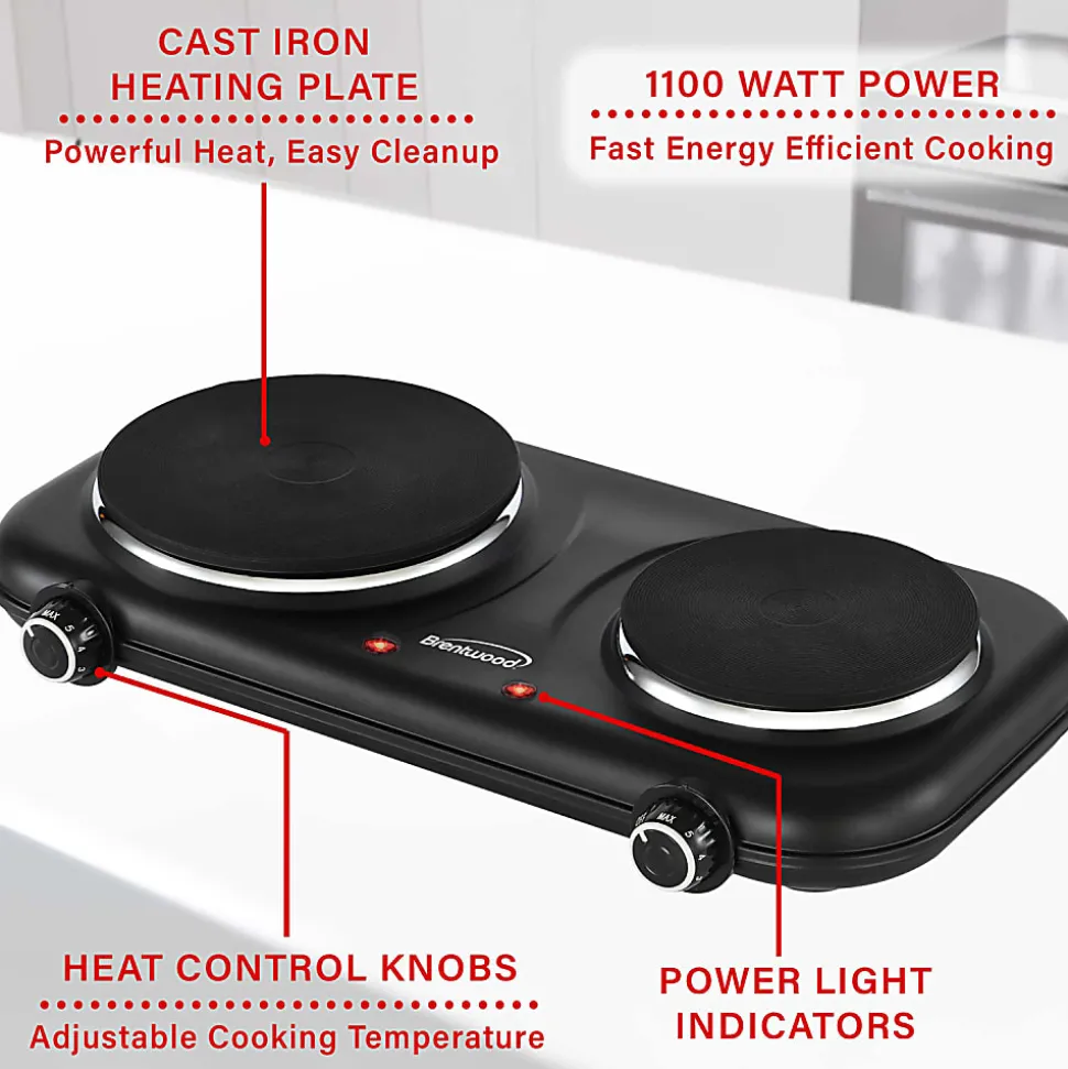 Brentwood® 1,100-Watt Double-Cast-Iron Countertop Electric Burner Hot Plate with Temperature Control & Power Indicator Light, Black, TS-332BK