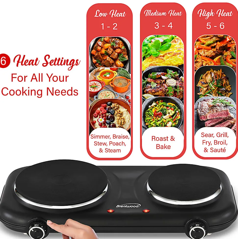Brentwood® 1,100-Watt Double-Cast-Iron Countertop Electric Burner Hot Plate with Temperature Control & Power Indicator Light, Black, TS-332BK