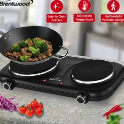 Brentwood® 1,100-Watt Double-Cast-Iron Countertop Electric Burner Hot Plate with Temperature Control & Power Indicator Light, Black, TS-332BK