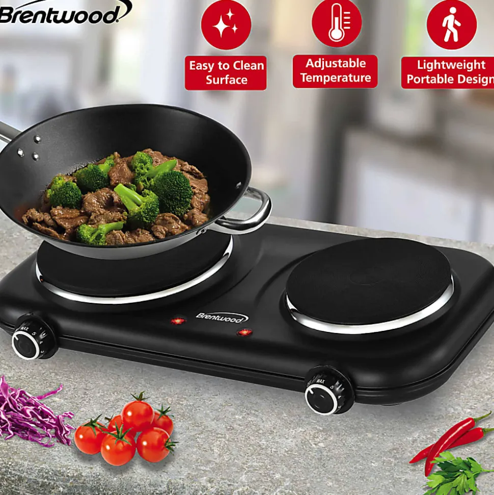 Brentwood® 1,100-Watt Double-Cast-Iron Countertop Electric Burner Hot Plate with Temperature Control & Power Indicator Light, Black, TS-332BK