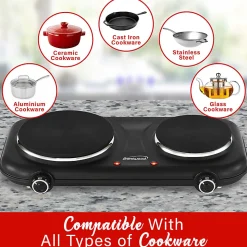 Brentwood® 1,100-Watt Double-Cast-Iron Countertop Electric Burner Hot Plate with Temperature Control & Power Indicator Light, Black, TS-332BK