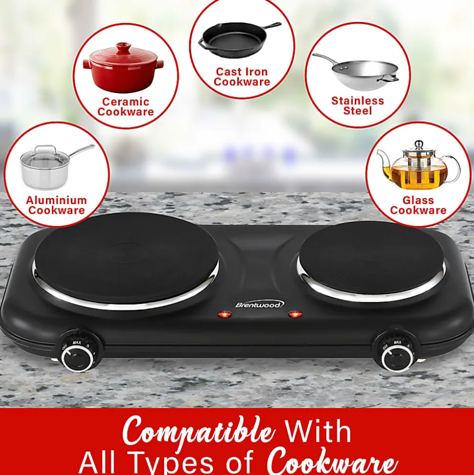 Brentwood® 1,100-Watt Double-Cast-Iron Countertop Electric Burner Hot Plate with Temperature Control & Power Indicator Light, Black, TS-332BK