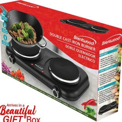 Brentwood® 1,100-Watt Double-Cast-Iron Countertop Electric Burner Hot Plate with Temperature Control & Power Indicator Light, Black, TS-332BK
