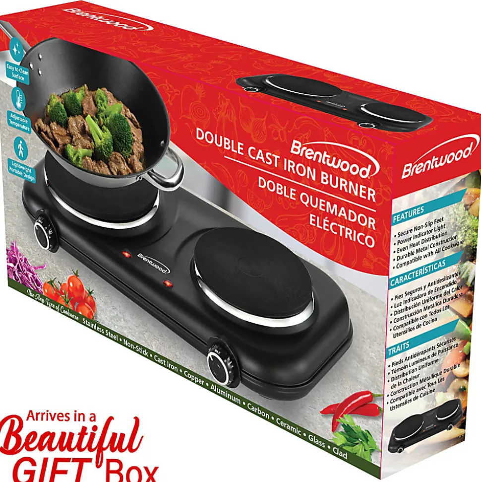 Brentwood® 1,100-Watt Double-Cast-Iron Countertop Electric Burner Hot Plate with Temperature Control & Power Indicator Light, Black, TS-332BK