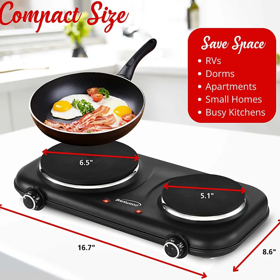 Brentwood® 1,100-Watt Double-Cast-Iron Countertop Electric Burner Hot Plate with Temperature Control & Power Indicator Light, Black, TS-332BK