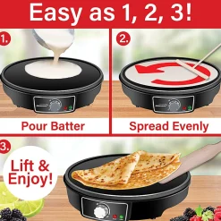 Brentwood® 1,000-Watt 12-In. Electric Nonstick Crepe Pancake Maker & Griddle with Spatula & Spreader, Black, TS-602BK