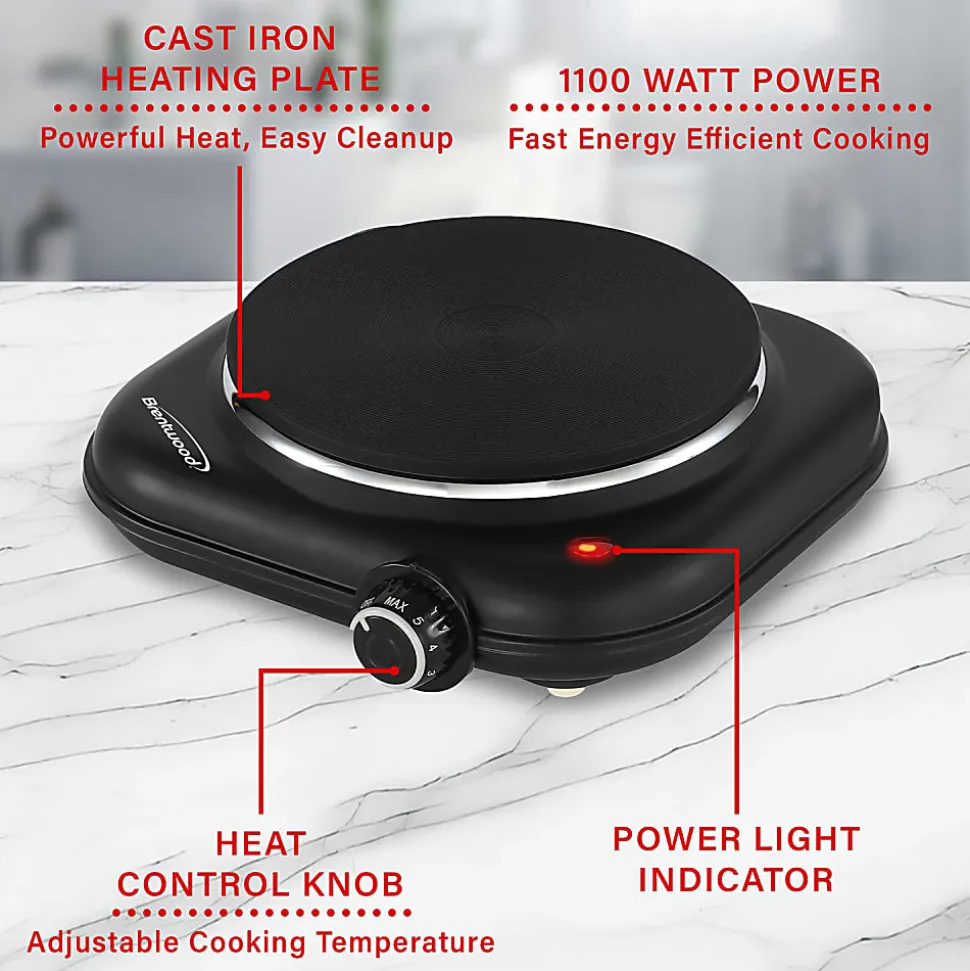 Brentwood® 1,100-Watt Single-Cast-Iron Countertop Electric Burner Hot Plate with Temperature Control & Power Indicator Light, Black, TS-331BK