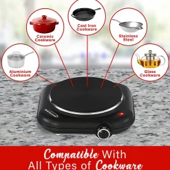 Brentwood® 1,100-Watt Single-Cast-Iron Countertop Electric Burner Hot Plate with Temperature Control & Power Indicator Light, Black, TS-331BK