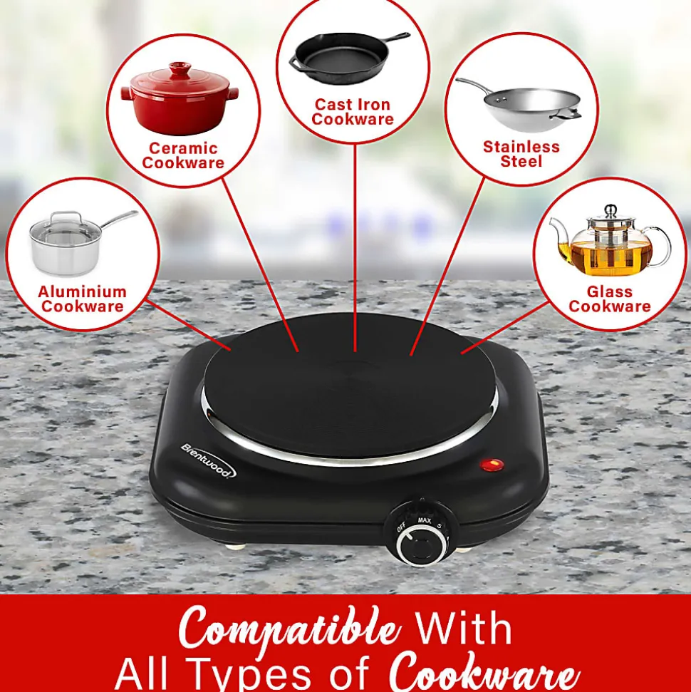 Brentwood® 1,100-Watt Single-Cast-Iron Countertop Electric Burner Hot Plate with Temperature Control & Power Indicator Light, Black, TS-331BK