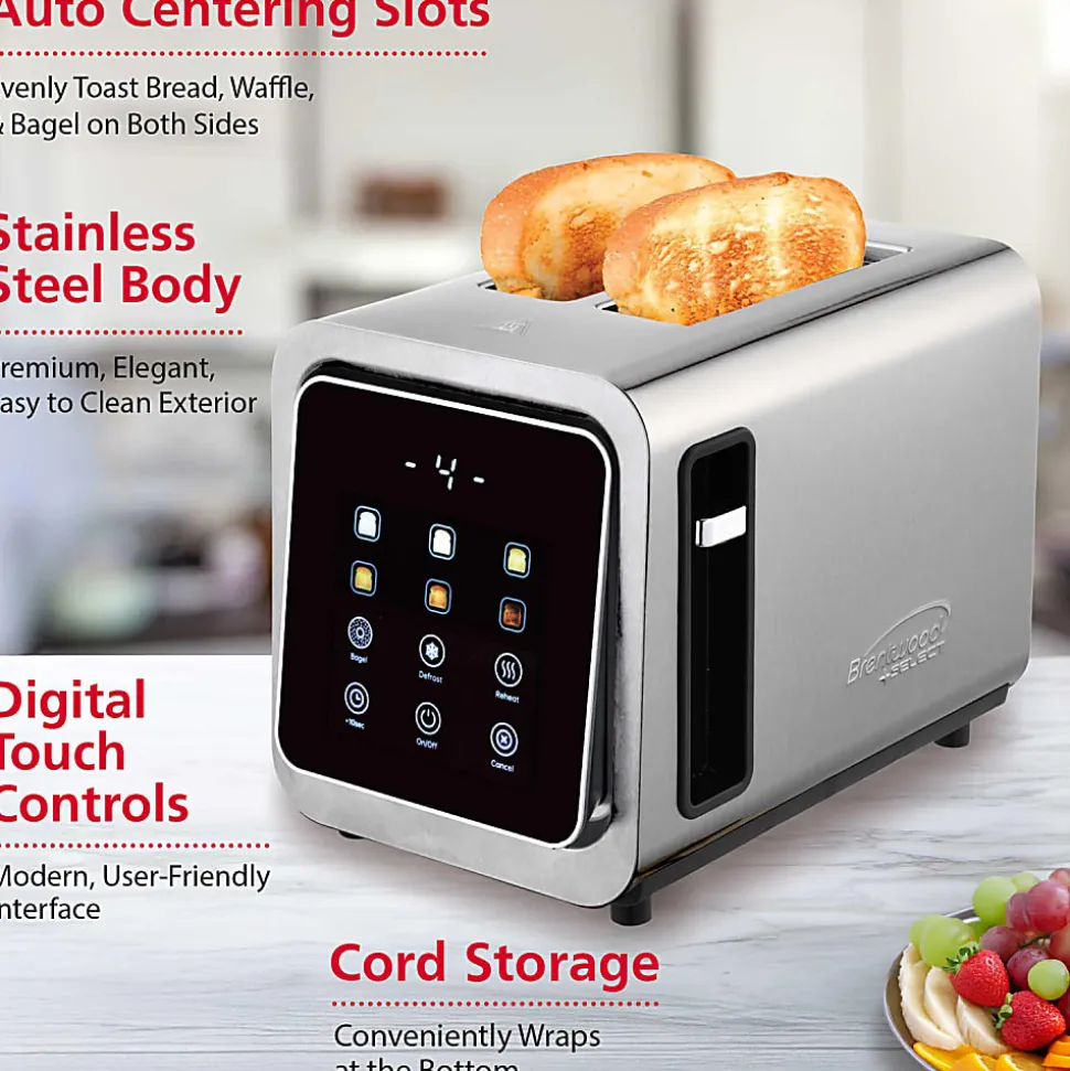 Brentwood® 1,100-Watt 2-Slice Touch-Screen Digital Toaster with Extra-Wide Slots, Stainless Steel, TS-228DS