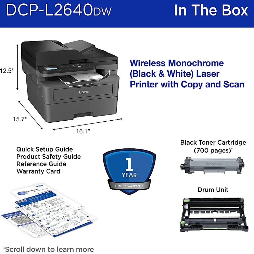 Brother DCP-L2640DW Wireless Compact Monochrome Multi-Function Laser Printer, Refresh EZ Print Eligibility